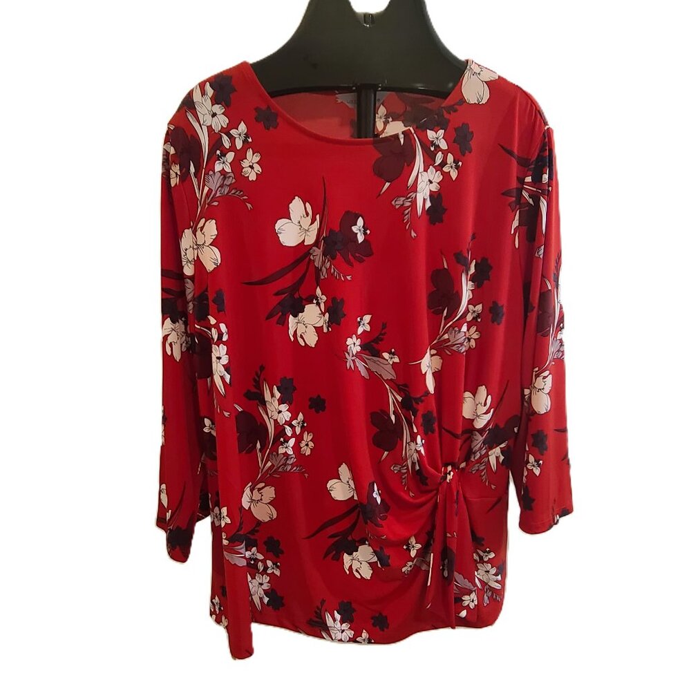 LIZ CLAIBORNE Red Floral Faux Side Tie Pullover Top Women's Plus Size 2X